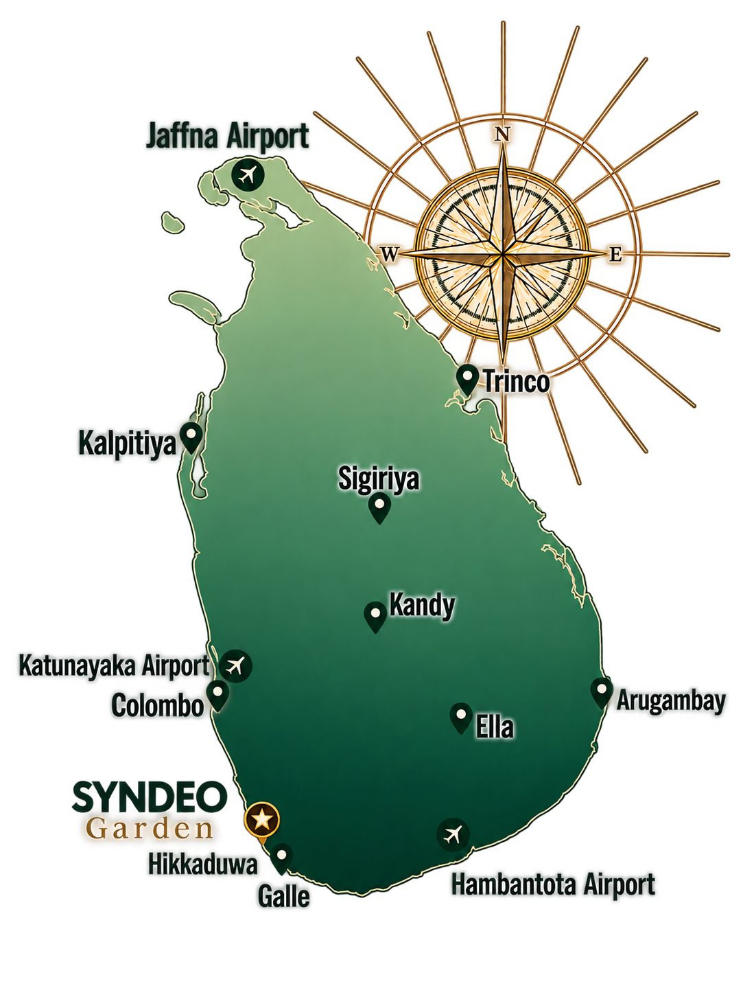Carte du Sri Lanka situant Syndeo Garden à Hikkaduwa, avec quelques destinations et aéroports
