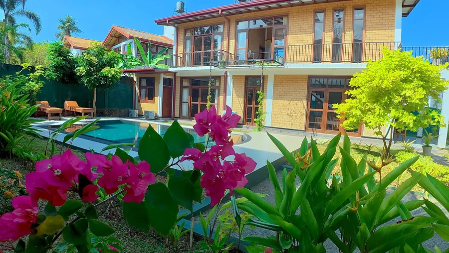 Fleurs tropicales devant la villa et la piscine — Syndeo Garden, Hikkaduwa